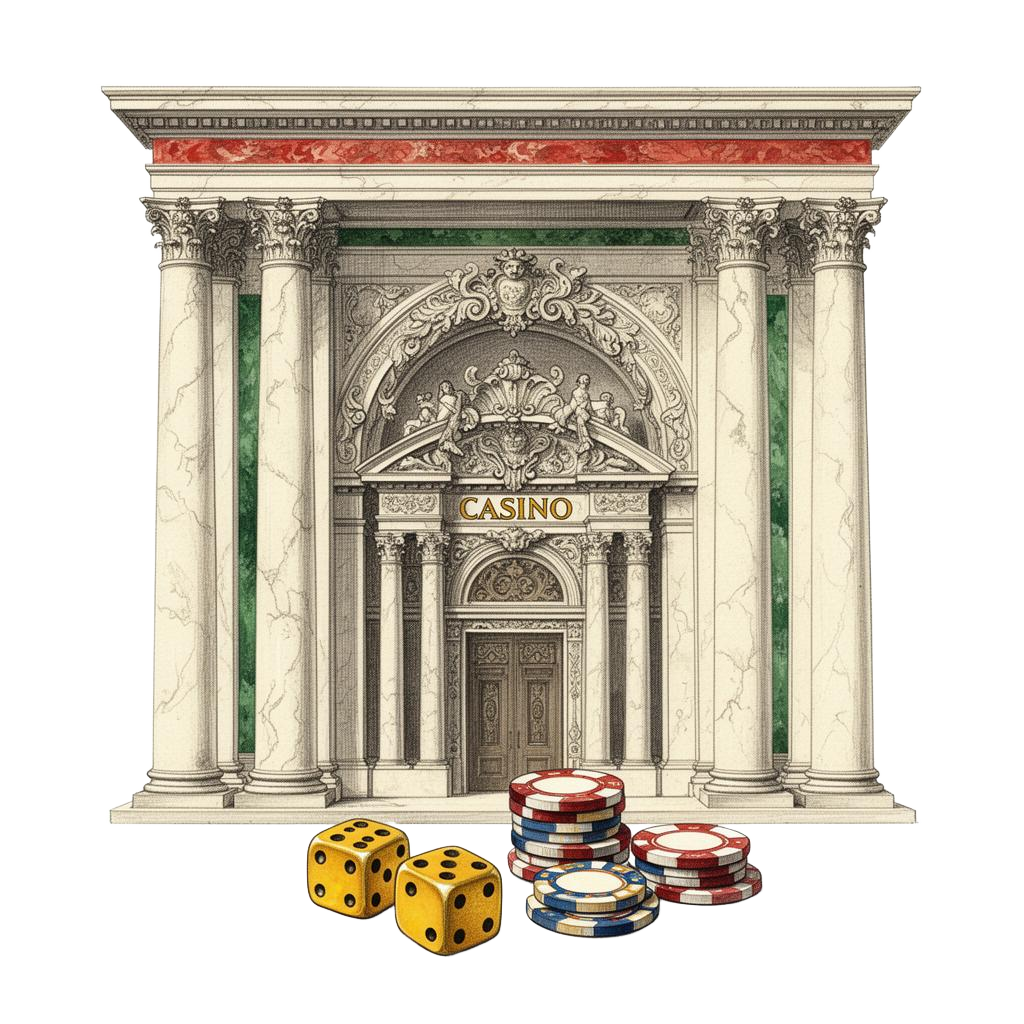 Facciata di un casinò classico italiano con dadi e fiches