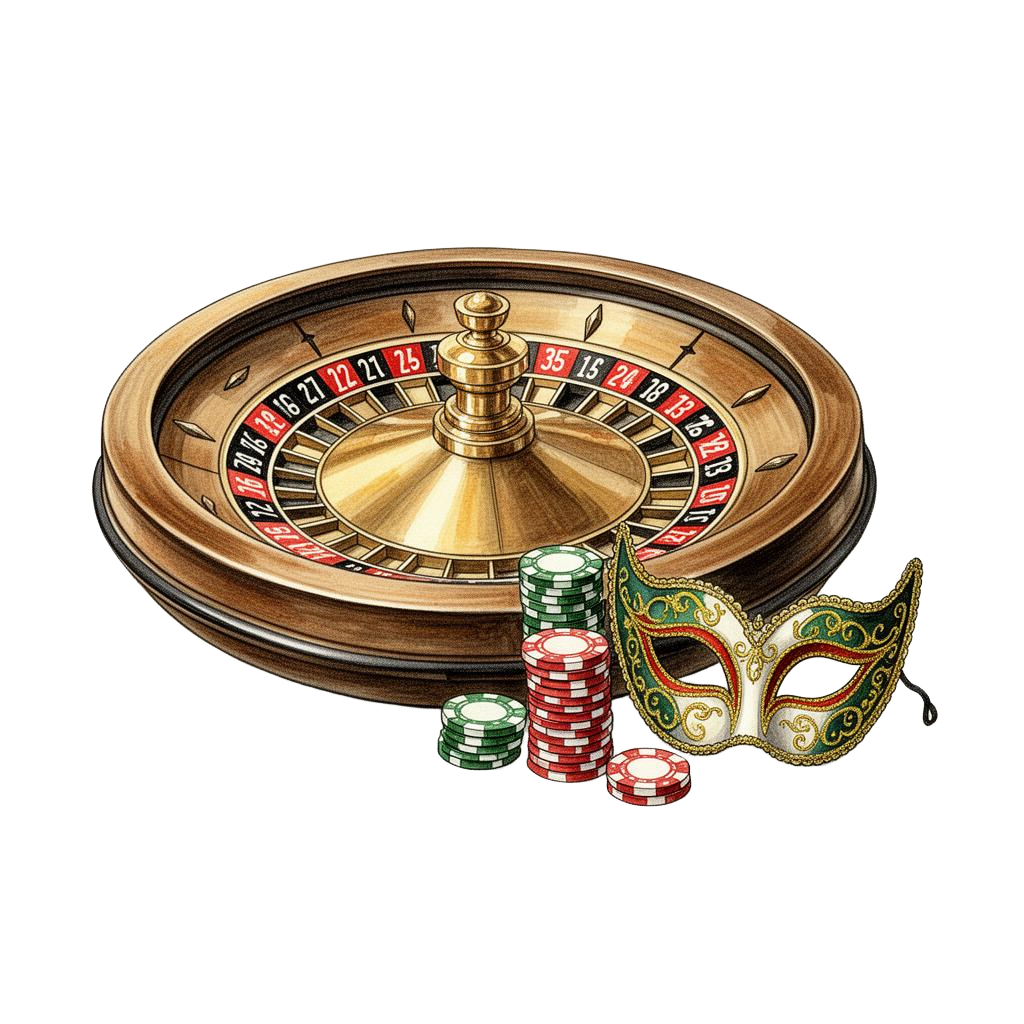 Roulette d'epoca, fiches e maschera veneziana